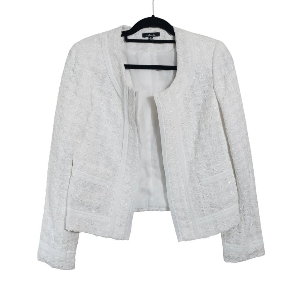 Rafaella Cropped White Tweed Blazer SZ 8 Open Front Wedding Formal